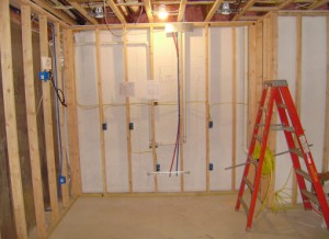 Closeup of wooden frame in basement